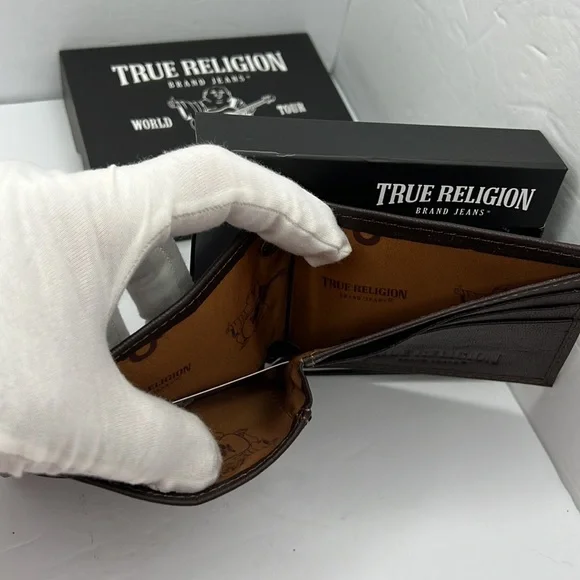 TRUE RELIGION MENS WALLET, ALL LEATHER, BROWN COLOR, WITH RFID PROTECTION - Picture 7 of 14